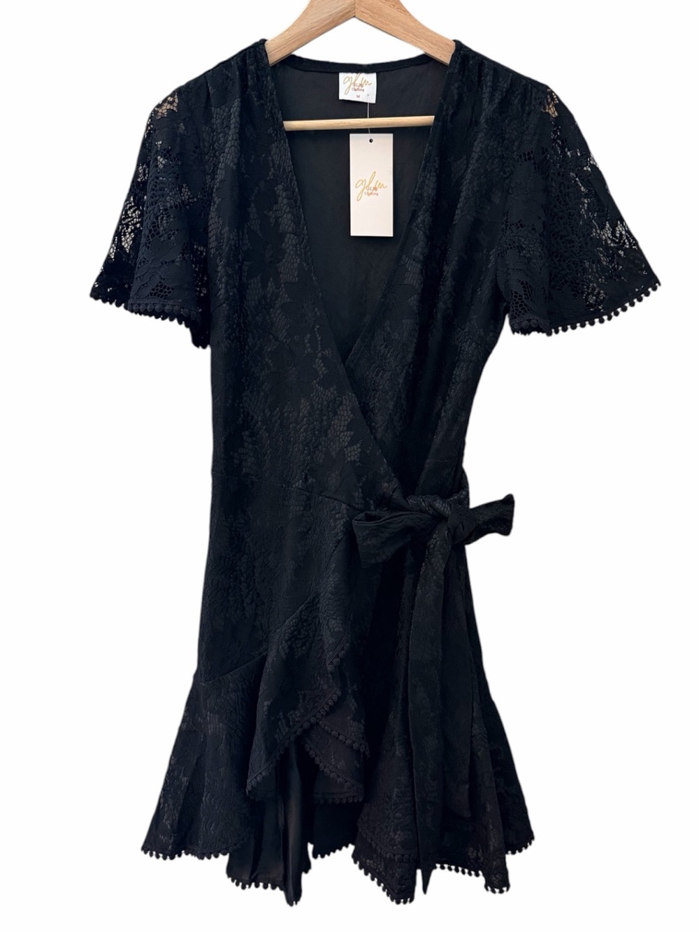 GLM Black Floral Lace Mesh Wrap Dress Sz M V Neck Flutter Slv Mini Pom Pom Trim